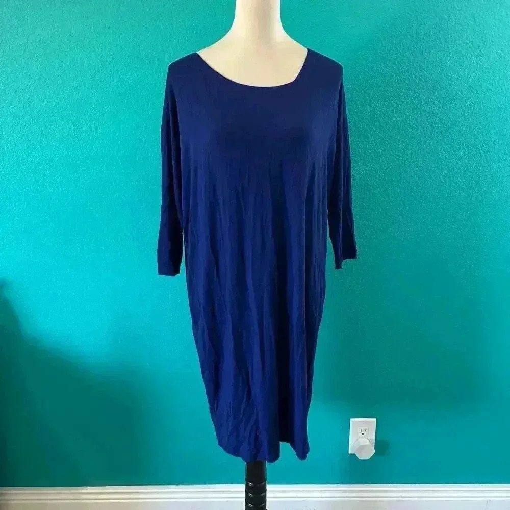 Eileen Fisher Blue Long Sleeve Midi Shift Dress Sustainable Organic Size XS